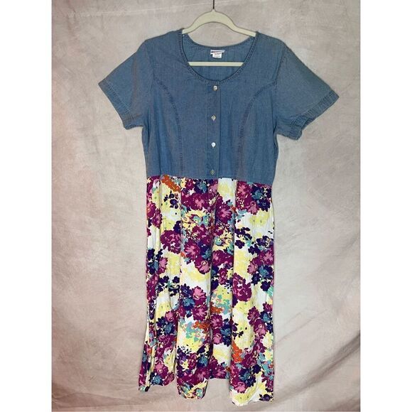 Vintage Denim Jumper Style Dress Floral - Picture 1 of 4